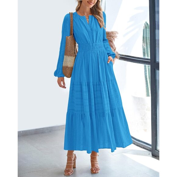 Women Brilliant Blue Long Sleeve V Neck Elastic Waist Maxi Dress With Pockets - Picture 2 of 8